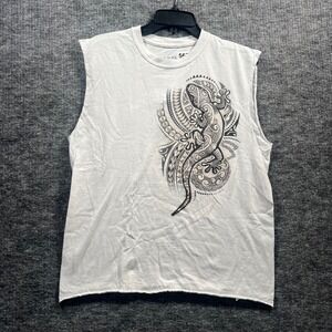 Del Sol Color Change Tribal Gecko Muscle Tee White Mens Medium Cut Off Cropped